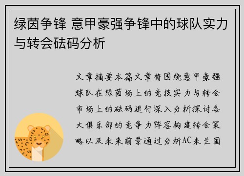 绿茵争锋 意甲豪强争锋中的球队实力与转会砝码分析