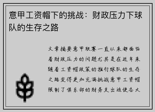 意甲工资帽下的挑战：财政压力下球队的生存之路